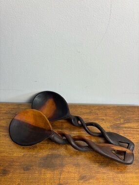 Hand-Carved Wooden Serving Spoons (Set of 2) | Vintage Artisan Wood Utensils
